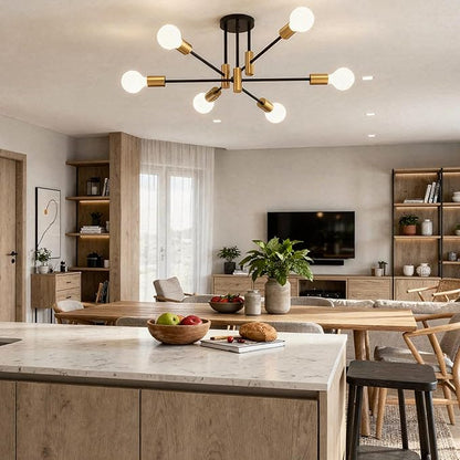 Modern Sputnik Chandelier Ceiling Light Fixtures, 6-Lights Mid Century Industrial Metal Semi Flush Mount Lamp for Bedroom Dining Room Living Room Kitchen Hallway Office-Black and Gold