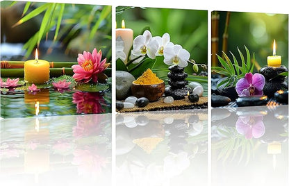 TutuBeer 3 Pcs Wall Art for Spa Zen Canvas Wall Art Still Life Spa Stones with Orchid Green Bamboo Zen Pictures Prints on Canvas for Home Office Wall Decor Stretched and Framed 16x16inchx3