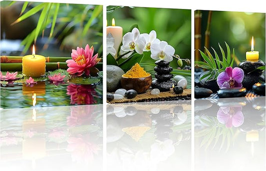 TutuBeer 3 Pcs Wall Art for Spa Zen Canvas Wall Art Still Life Spa Stones with Orchid Green Bamboo Zen Pictures Prints on Canvas for Home Office Wall Decor Stretched and Framed 20x20inchx3