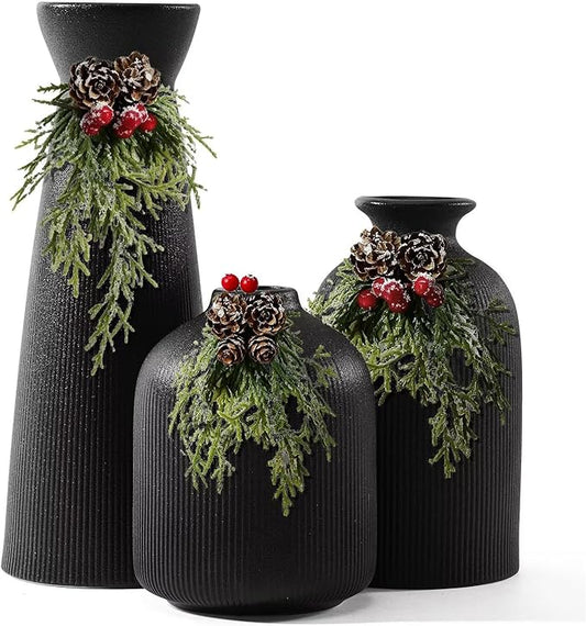 Black Ceramic Flower Vases Set of 3, Valentine's Day Gift Vases with Vertical Stripe Texture, Modern Decorative Vases for Dried Flowers, Home Decor Vases for Living Room Bedroom Kitchen Shelf