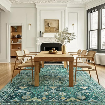 Bavni Washable Rug 9x12 Area Rug for Living Room Bedroom Dining, Washable Vintage Print Carpet, Ultra-Thin Chenille Low Pile Lightweight Rug with Non Slip Backing, Dark Green