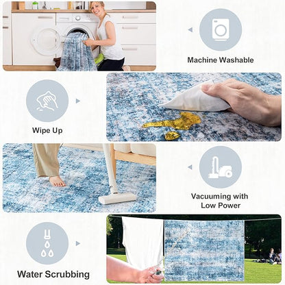 Area Rugs 10x12 Living Room - Washable Rug Modern Abstract Soft Large Neutral Non-Slip Carpet Indoor Floor Thin Carpets for Bedroom Dining Room Farmhouse Nursery Home Office Blue Grey