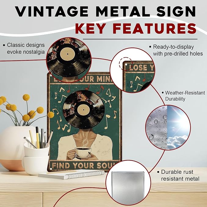 Lose Your Mind Find Your Soul Metal Tin Sign Coffee Music Wall Art Vintage Retro Decor For Cafe Bar Vinyl Records Rustic Metal Plaque 12x16inch