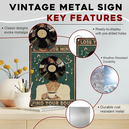 Lose Your Mind Find Your Soul Metal Tin Sign Coffee Music Wall Art Vintage Retro Decor For Cafe Bar Vinyl Records Rustic Metal Plaque 12x16inch
