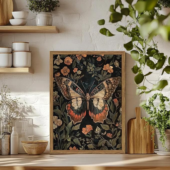 Framed Vintage Butterfly Wall Art, Dark Academia Flowers Insect Pictures Wall Decor Paintings, 3D Textured Sandstone Nature Botanical Prints for Living Room Bedroom Office Home Decor 16x24 inch