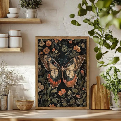 Framed Vintage Butterfly Wall Art, Dark Academia Flowers Insect Pictures Wall Decor Paintings, 3D Textured Sandstone Nature Botanical Prints for Living Room Bedroom Office Home Decor 16x24 inch