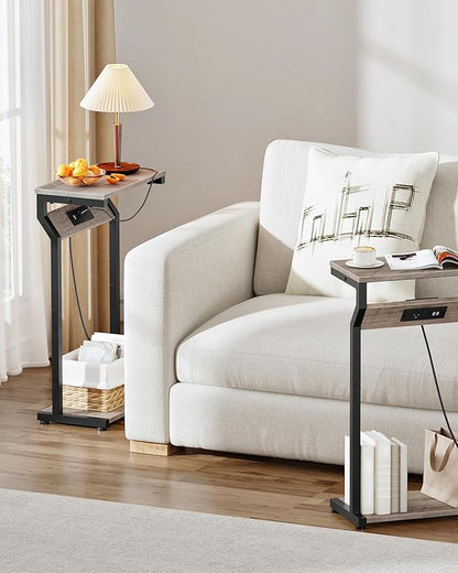 CHOEZON Narrow Side Table with Charging Station, 27" Skinny End Table for Small Spaces, Couch Table with Storage, Slim Tray Table with USB Ports, for Living Room, Bedroom, Greige and Black TBZ27UBG