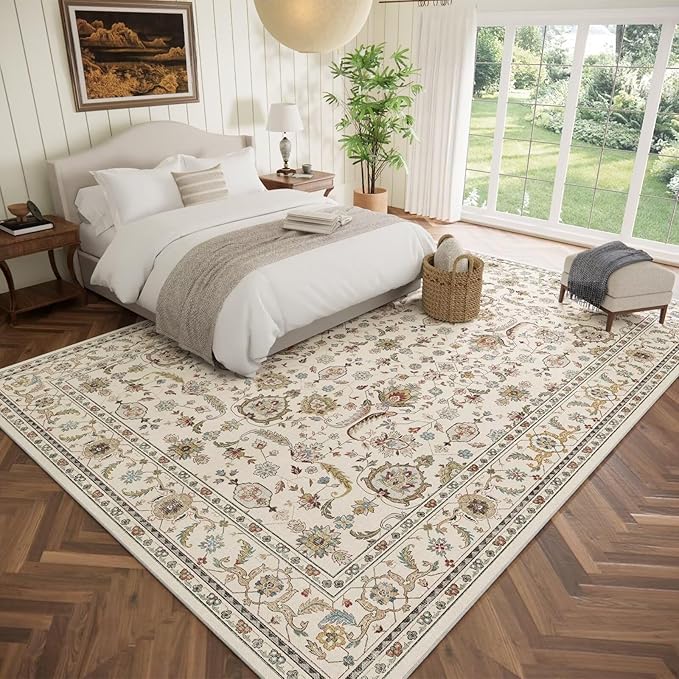 Washable 9x12 Area Rugs for Living Room, Boho Non-Slip Vintage Distress Lager Rugs for Bedroom Dining Room Nursery Office, 0.3" Neutral Oriental Throw Thin Carpet, Beige/Rust/Multi, B1