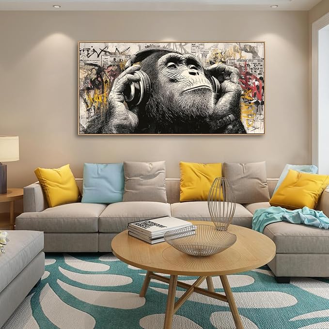 Sorbrozo Urban Graffiti Gorilla with Headphones Wall Art - Colorful Animal Canvas Painting Modern Home Decor for Living Room Boys Bedroom Music DJ Theme Gift Idea 20x40in