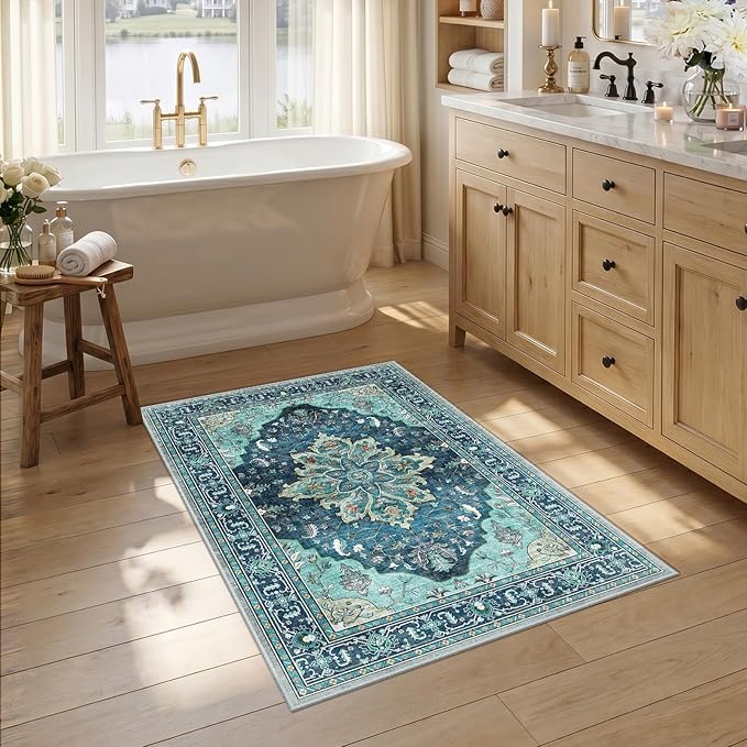 RELEANY Area Rugs 2'6"x4' Kitchen Rugs Entry Rug Small Rugs for Entryway Kitchen Bathroom Door Mat Indoor Entrance,Washable Non Slip, Teal Green Lake Blue Turquoise