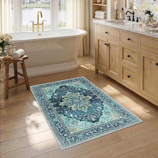 RELEANY Area Rugs 2'6"x4' Kitchen Rugs Entry Rug Small Rugs for Entryway Kitchen Bathroom Door Mat Indoor Entrance,Washable Non Slip, Teal Green Lake Blue Turquoise
