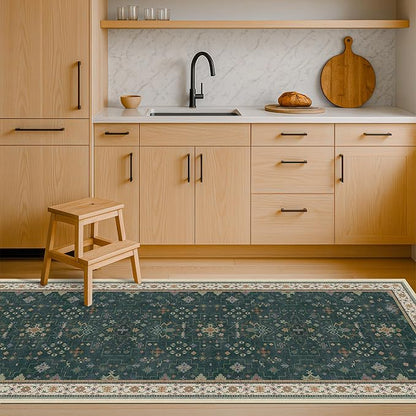 Hazo Haus Vintage 2x7 Washable Runner Rug Non Slip for Kitchen, Bathroom, Hallway - Low Pile Stain Resistant 7ft Long Runner Rugs - Victorian Eclectic Floral Pastel Home Decor (2x7 Dark Green)