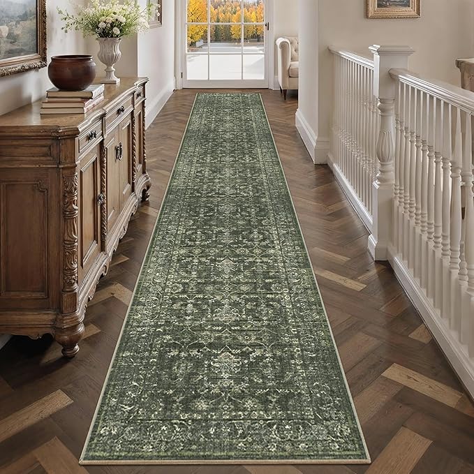 2x12 Green Runner Rug Hallway Washable Area Rugs Kitchen Vintage Boho Non Slip Long Rug Floral Carpet Indoor Retro Soft Low Pile Throw Rug for Bedroom Bathroom Laundry Dining Living Room Office