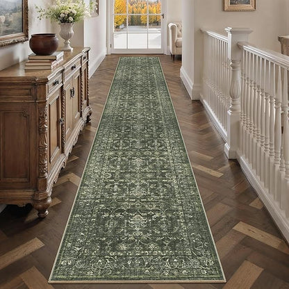 2x12 Green Runner Rug Hallway Washable Area Rugs Kitchen Vintage Boho Non Slip Long Rug Floral Carpet Indoor Retro Soft Low Pile Throw Rug for Bedroom Bathroom Laundry Dining Living Room Office