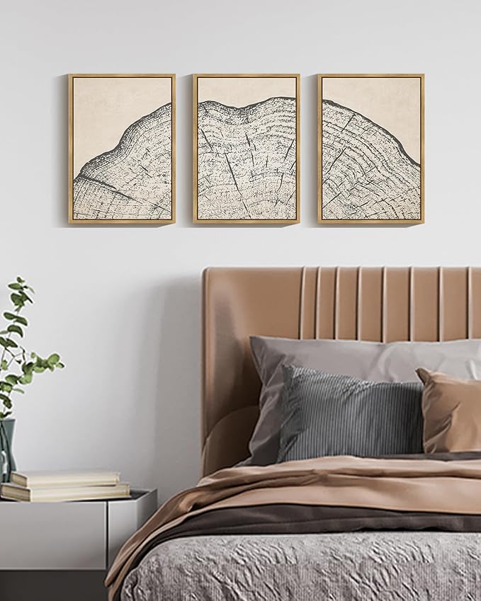 PHOPAGO Farmhouse Vintage Framed Wall Art Set Gray Wood Tree Ring Spirals Nature Abstract Drawings Rustic Modern Art Decor for Living Room Bedroom - 11x14in Natural Framed