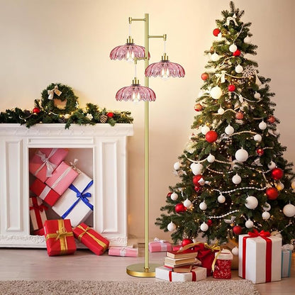 AHDWDW Gold Floor Lamp for Living Room,Modern Floor Lamps with Unique Pink Glass Shades,3 Lights Mid Century Tall Standing Lamp,Vintage Tree Flower Floor Lamp for Bedroom Corner Office Reading