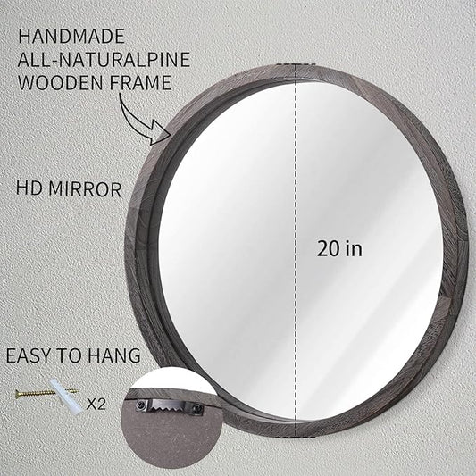 JJUUYOU Large Circle Wall Mirror 20 Inch Round Wall Mirror for Bathroom, Gray Rustic Circular Mirror Washroom Wall Vintage Wood Frame Mirror for Living Room, Bedroom, Dorm Decorative