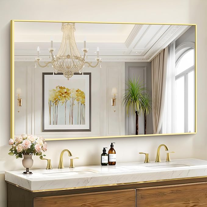 COFENY Gold Bathroom Mirror for Wall, 60x36 Inch Rectangle Mirrors with Metal Frame, Modern Vanity Wall Mirror Decor for Bathroom Living Room, Entryway Hangs Horizontal or Vertical