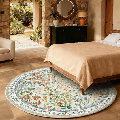 Washable Round Rugs for Bedroom 4ft: Living Room Rug Stain Resistant Non Slip Low Pile Ultra Soft Faux Wool Small Circle Rugs for Entryway Kitchen Bathroom Nursery Dorm Home Office Entrance Indoor