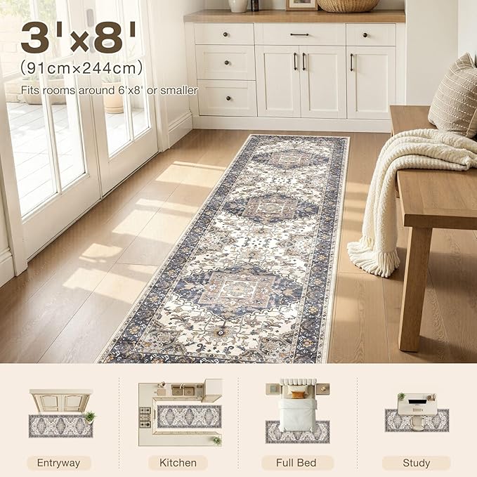 Washable 3x8 Runner Rugs: Non Slip Vintage Blue Beige Area Rugs for Living Room, Large Soft Stain Resistant Indoor Floor Carpets for Bedroom Dining Room Nursery Home Office Kid & Pet Friendly