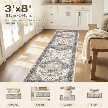Washable 3x8 Runner Rugs: Non Slip Vintage Blue Beige Area Rugs for Living Room, Large Soft Stain Resistant Indoor Floor Carpets for Bedroom Dining Room Nursery Home Office Kid & Pet Friendly
