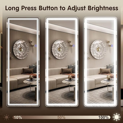 FENNIO Full Length Mirror with Lights, 57" x 17" LED Full Body Mirror, Free Standing Lighted Floor Mirror, Wall Mounted Hanging Mirror with Lights for Bedroom, Dimmable & 3 Color Lighting, White