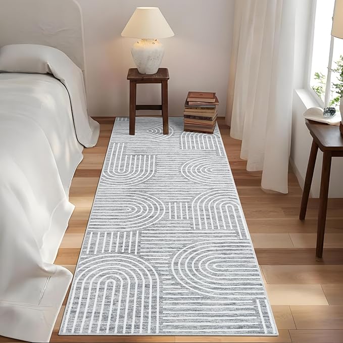 Modern Rug 2x6 Runners for Hallways, Abstract Kitchen Runner Rugs Non Slip Bath Runner, Rainbow Washable Runner Rug for Bedroom, Soft Long Rugs for Entryway Bathroom Laundry Dorm, Ash