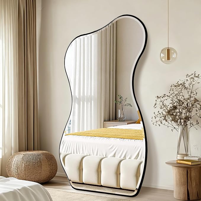 POZINO Large Irregular Beveled Mirror, 66.8"x33.5" Asymmetrical Full Length Mirror with Metal Frame, Premium Organic Aesthetic Floor Mirrors for Living Room Entryway Cloakroom, Leaning/Wall-Mount