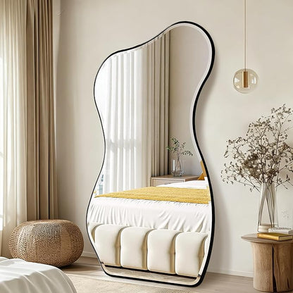 POZINO Large Irregular Beveled Mirror, 66.8"x33.5" Asymmetrical Full Length Mirror with Metal Frame, Premium Organic Aesthetic Floor Mirrors for Living Room Entryway Cloakroom, Leaning/Wall-Mount