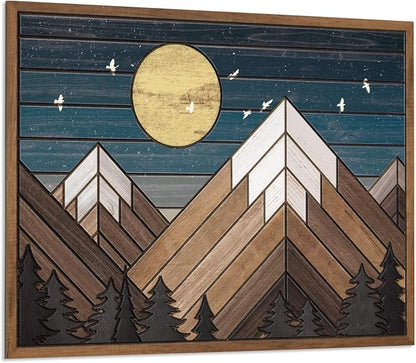 Putuo Decor Wooden Mountain Wall Art, Moon Over Mountain Nature Wilderness Wood Wall Sign Western Decor, Rustic Cabin Adventure Wall Decor for Living Room Bedroom