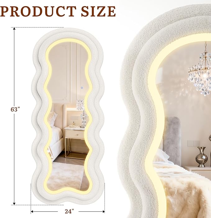 Wavy Wavy Full Length Mirror, 63"×24" Irregular Full Body Mirror with 3-Color Adjustable Light, Luxury Teddy-Velvet Frame Floor/Wall Mounted Mirror for Living Room/Bedroom/Dressing Room