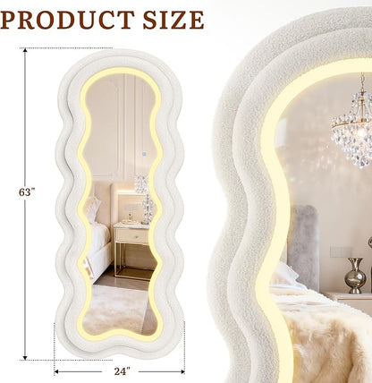 Wavy Wavy Full Length Mirror, 63"×24" Irregular Full Body Mirror with 3-Color Adjustable Light, Luxury Teddy-Velvet Frame Floor/Wall Mounted Mirror for Living Room/Bedroom/Dressing Room