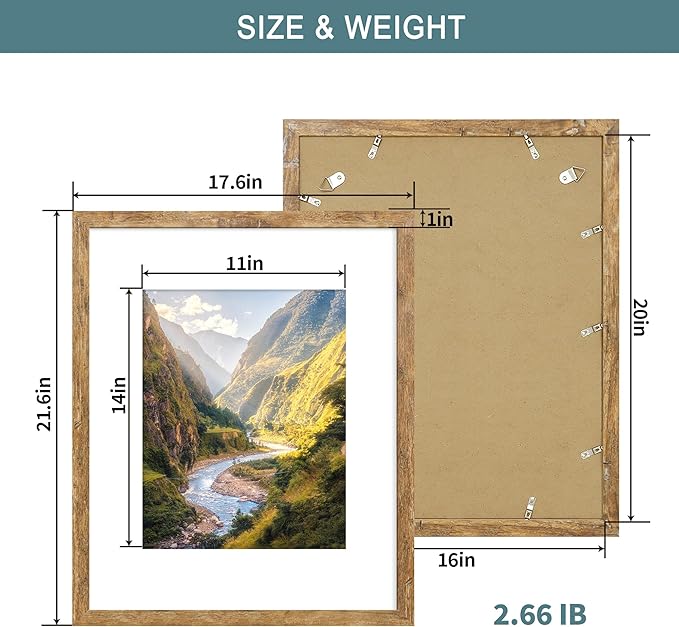iRahmen 16x20 Picture Frame Set of 2 with Plexiglass, Display Pictures 11x14 with Mat or 16 x 20 Without Mat, Rustic Brown Wood Poster Frame for Photo Wall Gallery Mounting