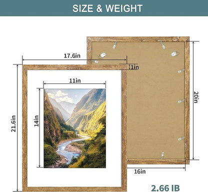 iRahmen 16x20 Picture Frame Set of 2 with Plexiglass, Display Pictures 11x14 with Mat or 16 x 20 Without Mat, Rustic Brown Wood Poster Frame for Photo Wall Gallery Mounting
