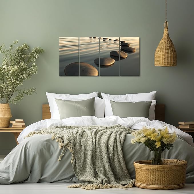 LevvArts - Zen Canvas Wall Art,Basalt Stone on The Sunset Relax Scenery Canvas Pictures for Living Room Decoration,Peaceful Water Multi Panel Wall Art Easy Hanging On - 48" W x 24" H overall