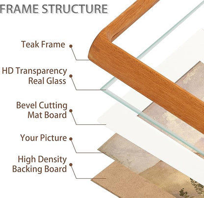 8x10 Picture Frame with Mat for 5x7/6x8, Natural Teak Wood Handcrafted Rounded Corner with Real Glass, Vertical or Horizontal Display Photo Gallery Wall & Tabletop Frame