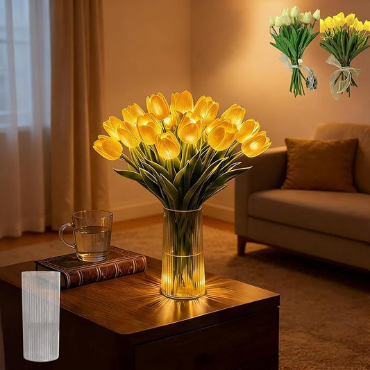 Radiant Romantic Tulip Light with Vase, 15 PCS Twinkling Tree Tulips LED Night Light Long-Lasting Brightness, Flower Shaped Ambient Night Lamp for Bedroom Bedside Decor & Gift (Yellow)