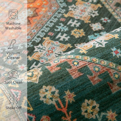 Tangsoo Vintage 4x6 Rug for Living Room,Washable Indoor Area Rug Non-Slip Rubber Backing Mat,Yellow Green Multi Geometric Soft Low Pile Carpet for Front Porch Dining Room Patio Bedroom