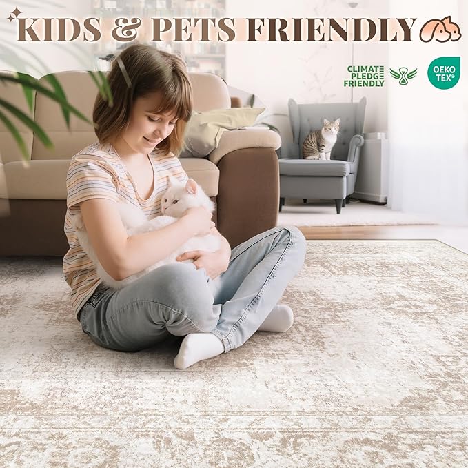 Area Rug 10x12 Vintage Rug: Large Washable Indoor Medallion Rugs Low Pile Distressed Floor Carpet Retro Accent Rug for Living Room Bedroom Dining Room Home Office(Beige, 10'x12')