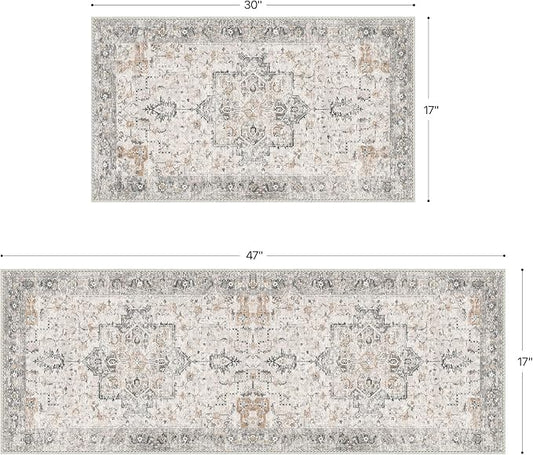 GENIMO Runner Rug 2PCs, Machine Washable Non Slip Vintage Hallway Runner Rug 17.3"x47"+17.3"x30", Low Pile Lightweight Rugs for Indoor Entryway, Hallway, Kitchen and Corridor, Light Taupe Brown