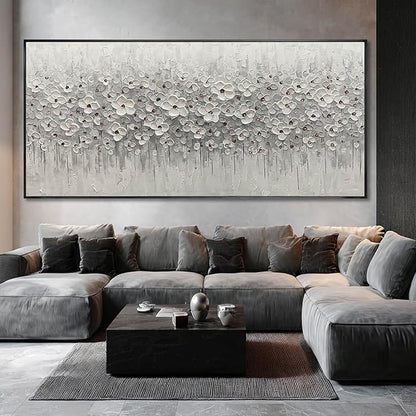 SDYA Oversized White Flower Wall Art, Hand Painted Floral Canvas Paintings With Frame, Extra Large Modern Wall Decor for Living Room Bedroom Office 40"x86"
