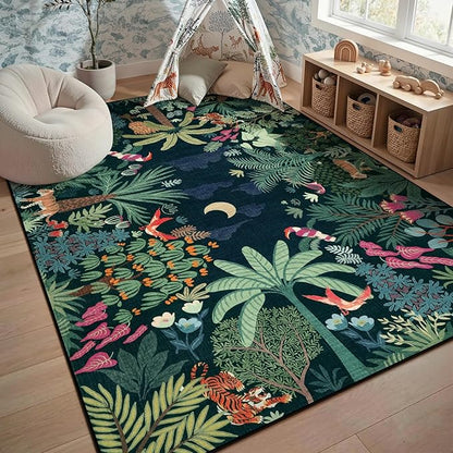 LIVEBOX Washable Bedroom Rug 8x10 Under Bed, Modern Stain Resistant Dark Green Botanical Rug for Living Room Playroom Kids Boy Room, Non-Slip Jungle Forest Print Rugs for Nursery Baby