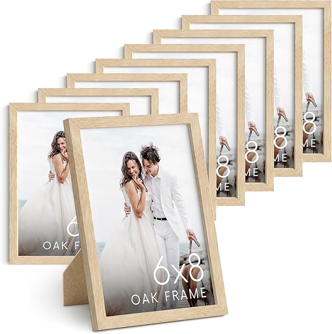 HAUS AND HUES 6x8 Natural Oak Wooden Picture Frame - Set of 9 6x8 Poster Frame - Premium Oak, Vertical Hang, Shatterproof Plexiglass - Ideal for Home, Room, Office (6x8-inch, Natural, Set of 9)