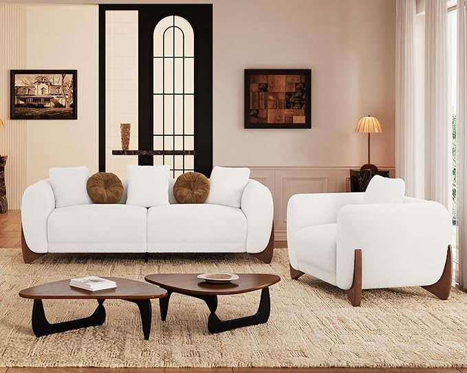 Morden Fort 2 Piece Cloud Couch Set, Modern Sherpa Boucle Sofa Set with Wood Legs, Skin-Friendly Minimalist Upholstered Comfy Couch Sofas for Living Room, 3-Seater Sofa & Accent Arm Chair, White