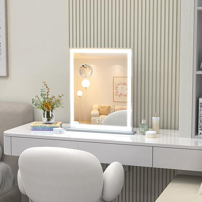 ANYHI Makeup Mirror with Lights, 24"x20.5" Lighted Vanity Mirror with 10X Magnifying, 3 Color Modes, Dimmable, Smart Touch Control, Memory Function, USB Charging Port, Tabletop/Wall Mount, Silver