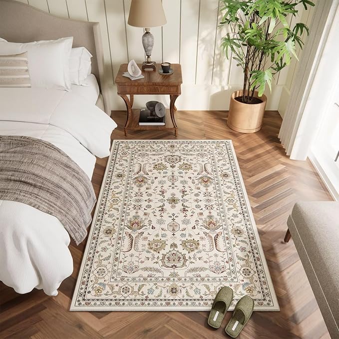 Washable 3x5 Entryway Rug, Boho Non-Slip Vintage Distress Small Rugs for Kitchen Nursery Office Bedroom, 0.3" Neutral Oriental Throw Thin Carpet with Cushioning Pad, Beige/Rust/Multi, B1