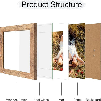 iRahmen 8x8 Picture Frame with Mat 6x6 - High Definition Real Glass Wooden Photo Frames for Tabletop Display and Wall Mounting (Rustic Brown, Set of 2)