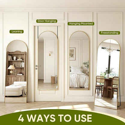 58"x20" Arched Full Length Door Mirror, Over-the-Door Hanging, Floor Standing, Wall Mounted or Leaning, Metal Frame Body Mirror for Bedroom, Living Room, Closet, Dorm, Gold