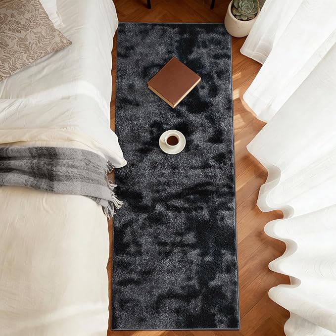 FinRèc 2x6 Washable Runner Rugs for Kitchen Hallway Bedroom, Low Pile Thin Ultra Soft Shag Rug, Non-Slip Carpet Indoor for Home Decor (Tie-dye Dark Grey)