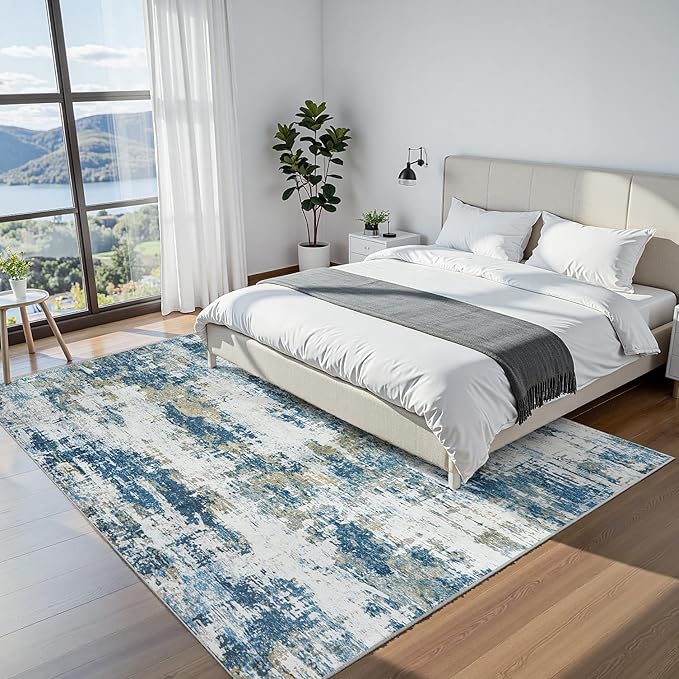 Area Rug 9x12 Living Room Rug Washable: No-Slip Abstract Soft Thin Large Blue Rugs, Indoor Floor Stain Resistant Modern Carpet for Bedroom Dining Room Farmhouse Nursery Home Office (Blue, 9'x12')
